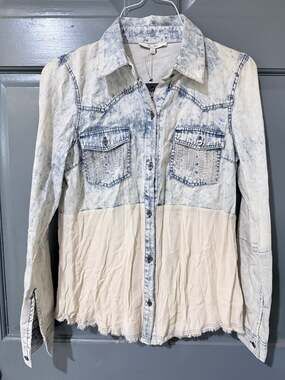 Miss Me Acid Wash Printed Denim Shirt Size S Embroidered Western